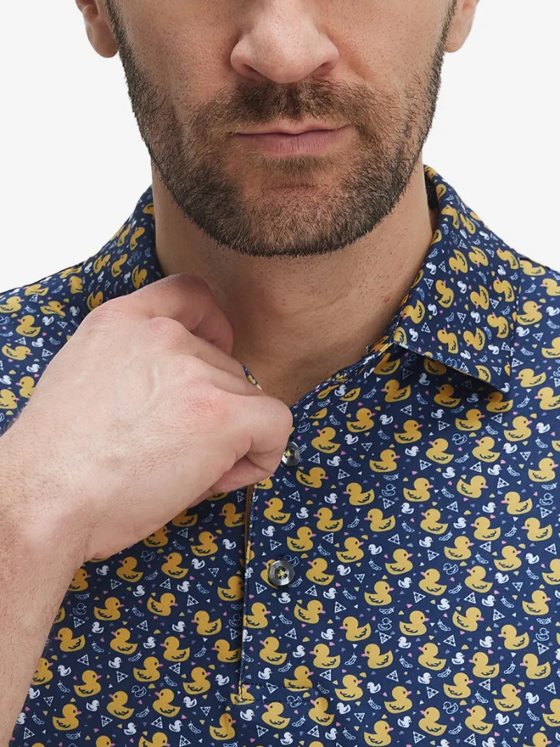 Maelreg Golf 4 Way Stretch Print Collared Polo Shirts in yellow duck print