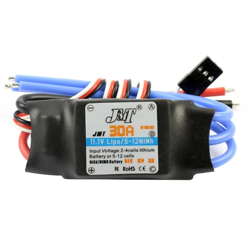 QWinOut JMT 30A brushless ESC speed controller with black housing and bullet connectors