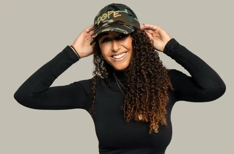 Embellished DOPE Cap in camouflage print with metallic gold embroidery and distressed brim