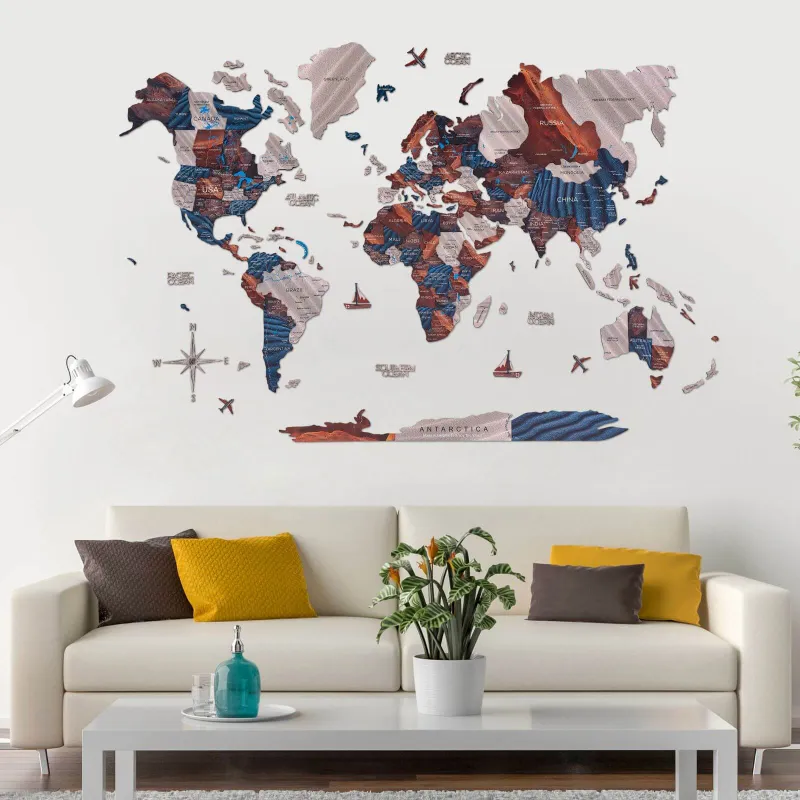 Enjoy The Wood 3D Wooden World Map Dune with warm sandy layered continents mounted on wall