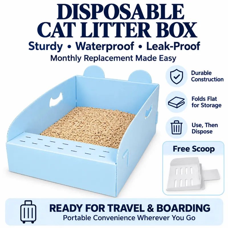 4FurBaby 3-Pack Sturdy Foldable Disposable Cat Litter Boxes with Scoops in blue and white