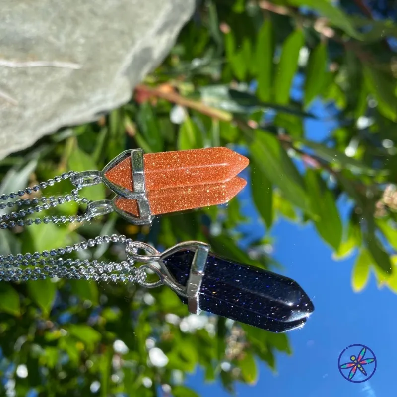 Turix Goldstone & Blue Goldstone Crystal Point Necklace showing two polished pendant stones on chain