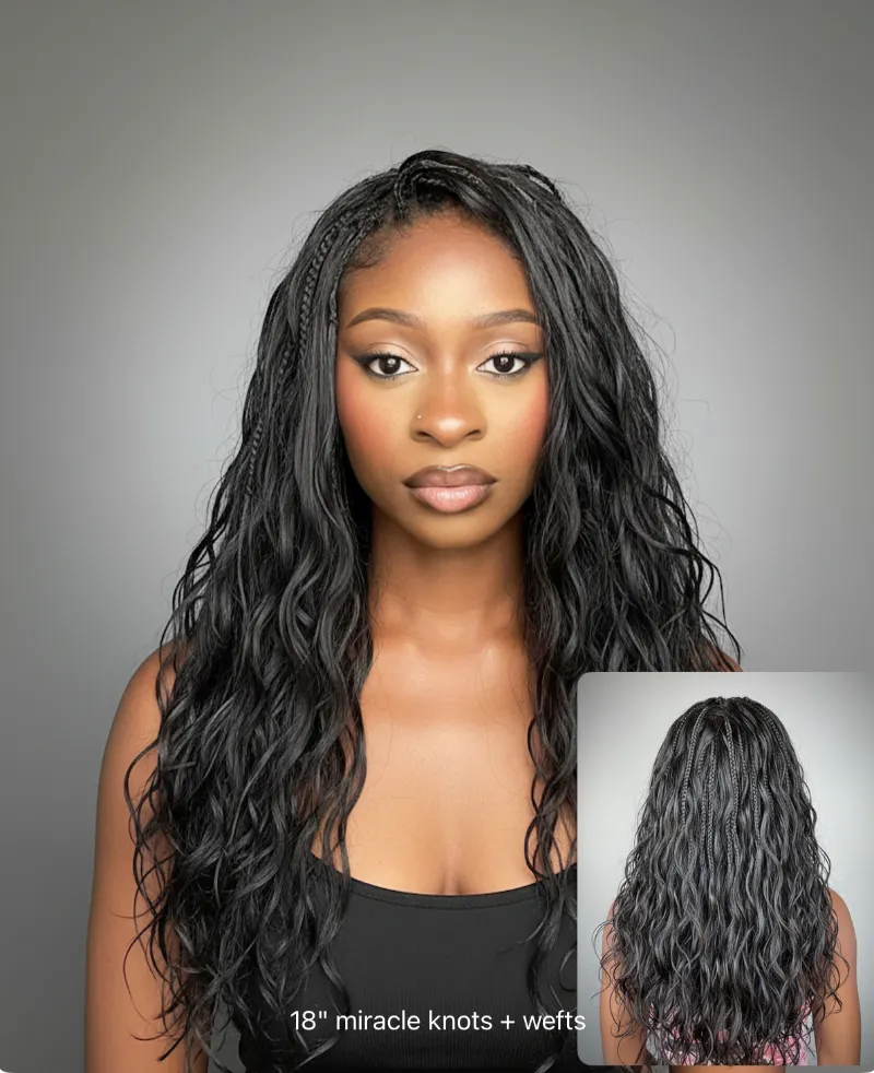 Jaliza 1-Hour Self-Braiding Solution bundle showing human hair body wave wefts and crochet boho braids