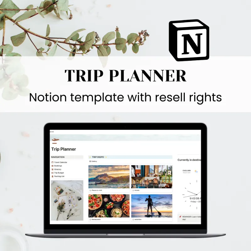 Purpose PLR Trip Planner Notion Template showing travel planning sections