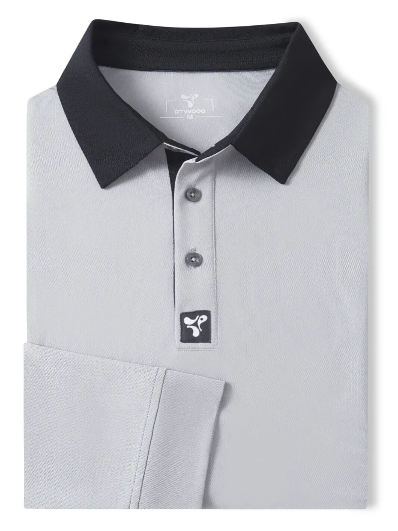 DTWOOO Tech Pique Long Sleeve Golf Polo in light grey with classic collar