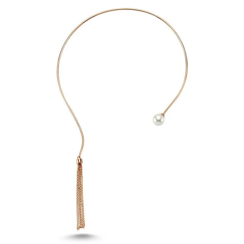 Amorium Jewelry Dainty Pearl & Fringe Choker Necklace in Silver, freshwater pearl with delicate dangling fringe chains at neckline