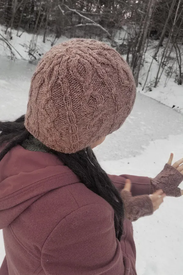 Kristen TenDyke Warm Things Hat cable knit pattern in wild geranium