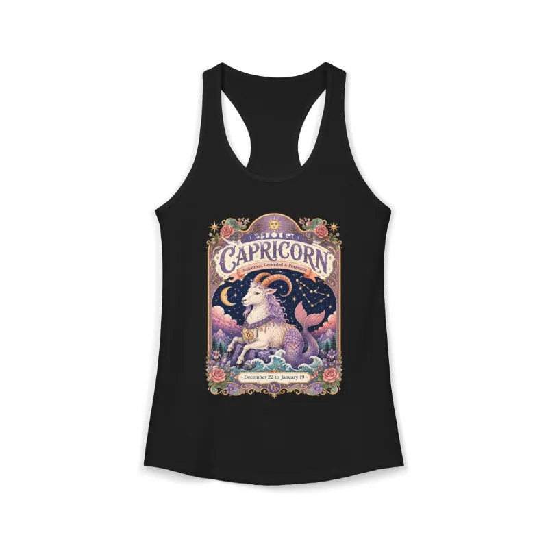 Spirit Nest Capricorn Zodiac Women's Racerback Tank with ornate sea goat artwork
