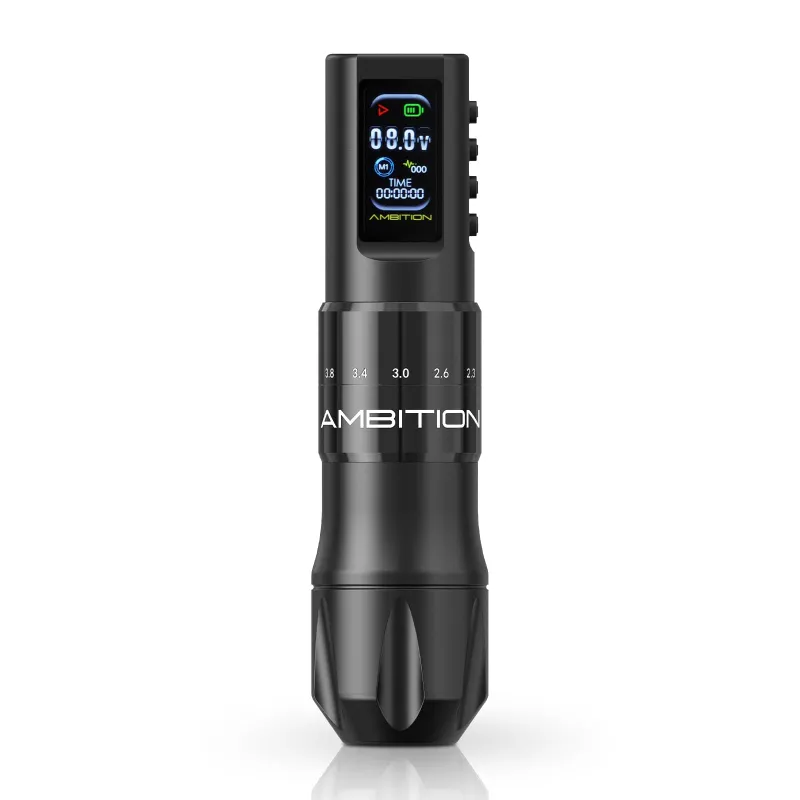 Ambition Tattoo C2 Wireless Tattoo Pen Machine with adjustable stroke settings and battery display