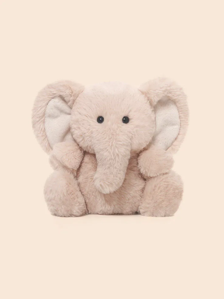 Juwas Beige Elephant Plush Toy showing a gray stuffed animal holding peanuts.