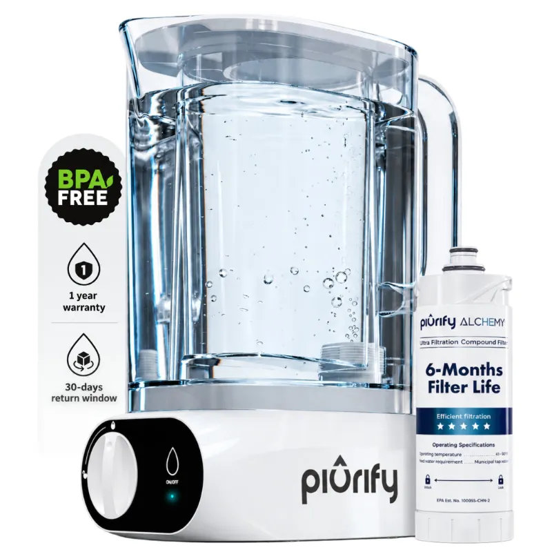 Piurify Alchemy Electric Water Filter Pitcher with clear reservoir and filtration display