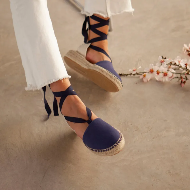BIANKINA Tamarita Eco Canvas Vegan Espadrille Wedges in navy with lace-up front