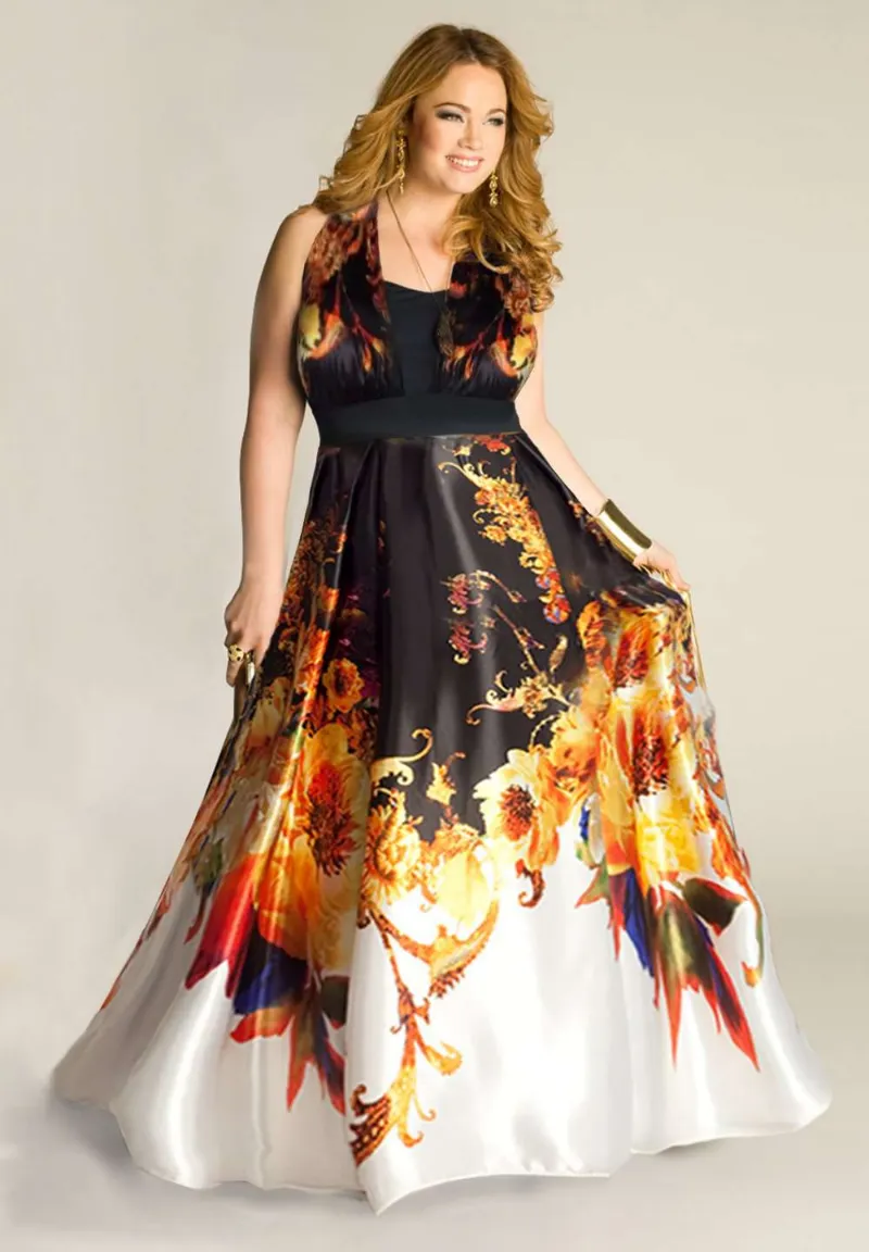 IGIGI Stella Plus Size Dress, a halter dress with orange and yellow floral print