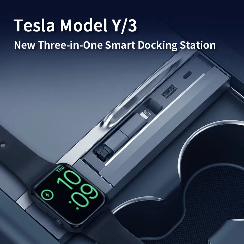 Tesstudio 3-in-1 Smart Center Console Charging Dock for Tesla Model 3 Highland/Model Y Juniper installed in vehicle