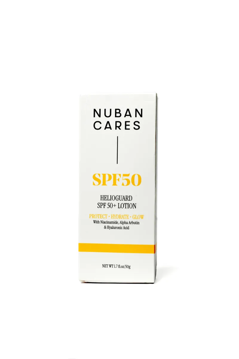 Nuban Beauty HelioGuard SPF50+ Lotion, a white sunscreen tube photographed on a clean background