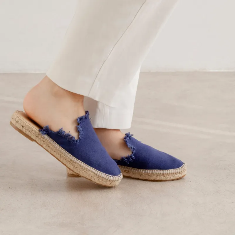 BIANKINA Zaragoza Canvas Espadrille Mule Slides in navy, showing organic cotton upper and jute sole