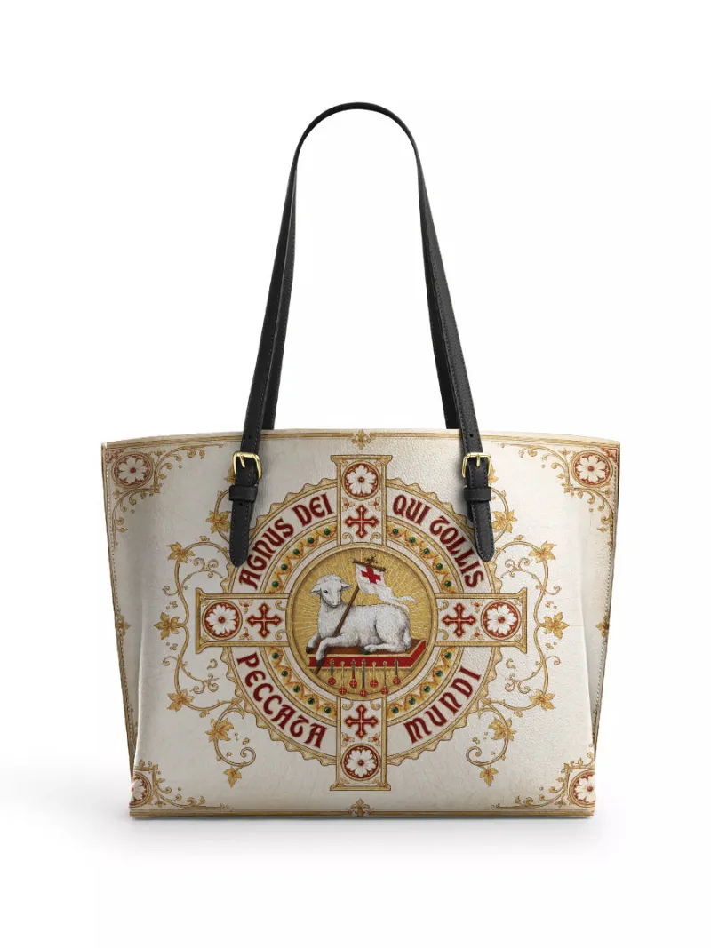 Catholight Agnus Dei Leather Tote Bag with spacious design and sacred artwork
