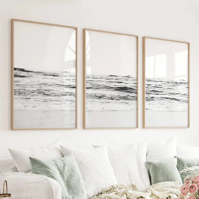 Wall Art Set Black White Minimalist Beach Wave Wall Art. 3 Piece Decor - three black and white wave prints