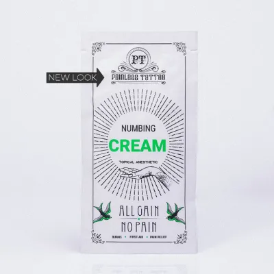 Painless Tattoo Numbing Cream single-use packet shown next to its box