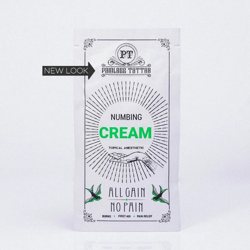 Painless Tattoo numbing cream tube and single-use packet on white background