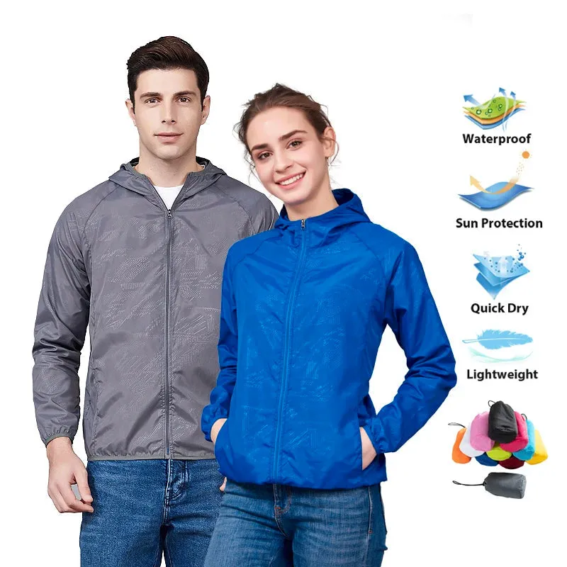 PUPU Sports Unisex Waterproof Hiking Jacket with UPF 50+ and storage pouch showing jacket and packed form