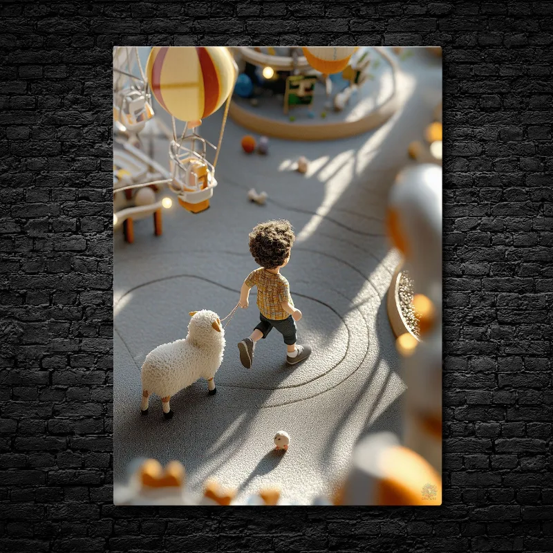 CruArt Playful Companions metal print showing a boy and lamb with hot air balloons