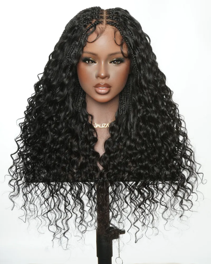 Jaliza Amanda Ultra-Dense Pre Bleached Swiss HD Lace Human Hair Curls Knotless Boho Box Braided Wig with dense curly ends