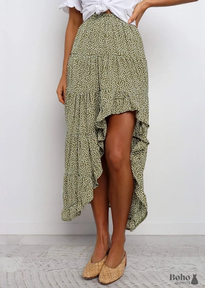Boho Dress Asymmetrical Boho Skirt Hannah, a cotton floral skirt with ruffled hem shown on a model