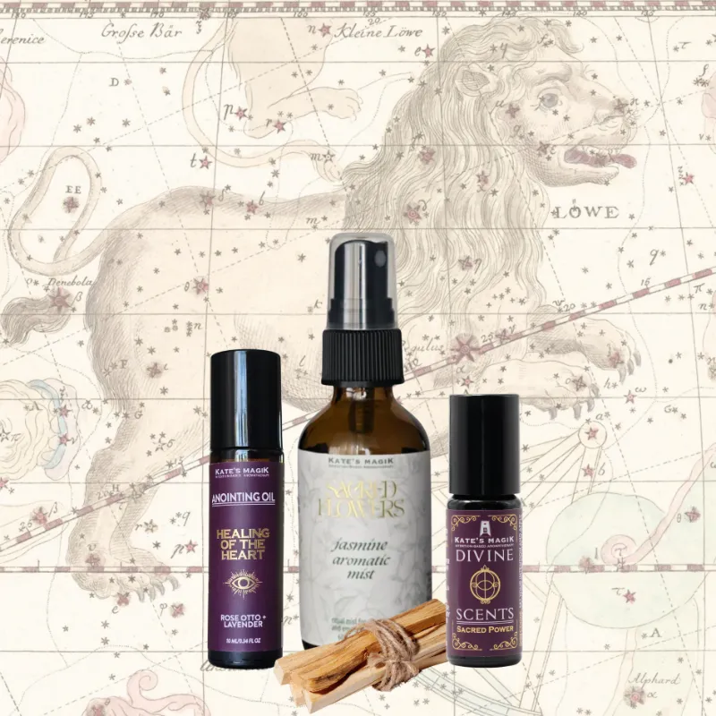 Kates Magik Leo Zodiac Gift set with anointing oil, mist, perfume and palo santo stick
