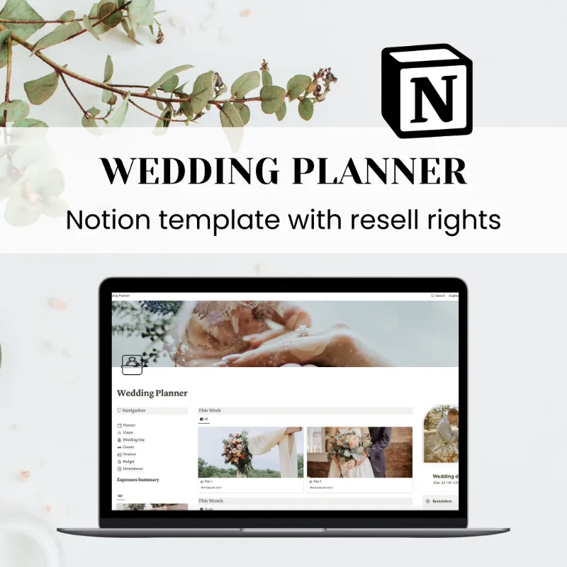 Purpose PLR Wedding Planner Notion Template showing editable pages in Notion
