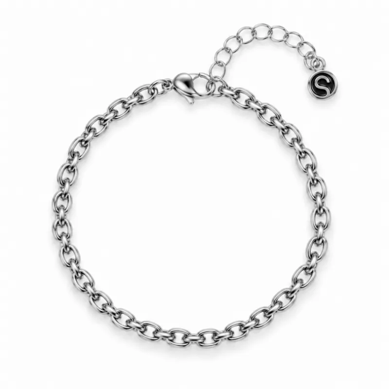 Sleek Fit Jewelry Venus Bracelet Silver, a 5mm cable link bracelet worn on a wrist