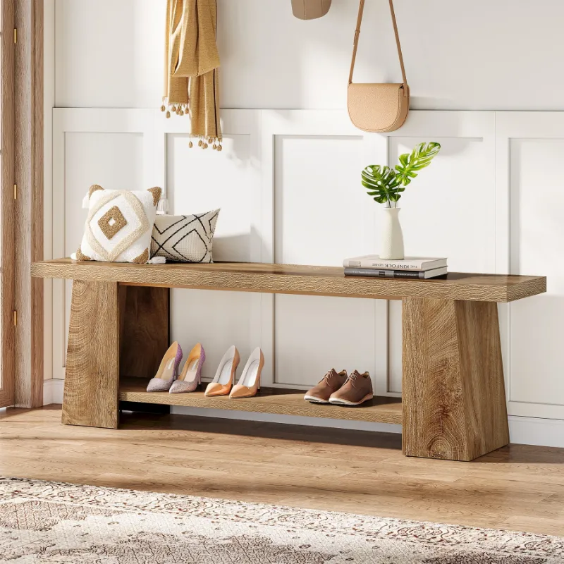 Tribesigns 2-Tier Entryway Bench, 59 inch natural wood bench with shoe storage shelves