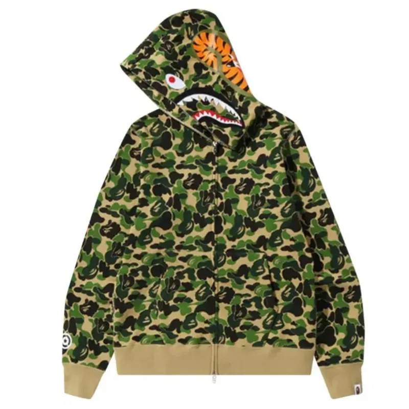 AfewVibe BAPE ABC Camo Shark Full Zip Hoodie Green, green camouflage hoodie with shark mouth design
