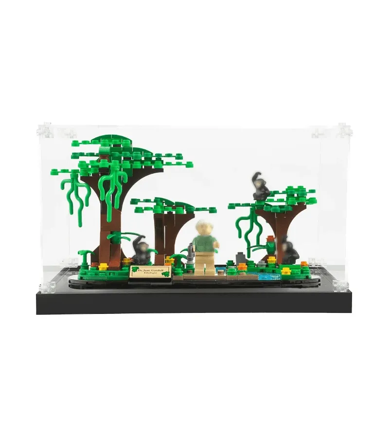 ICUANUTY Display case for LEGO Creator Jane Goodall Tribute 40530 with black base and clear acrylic walls
