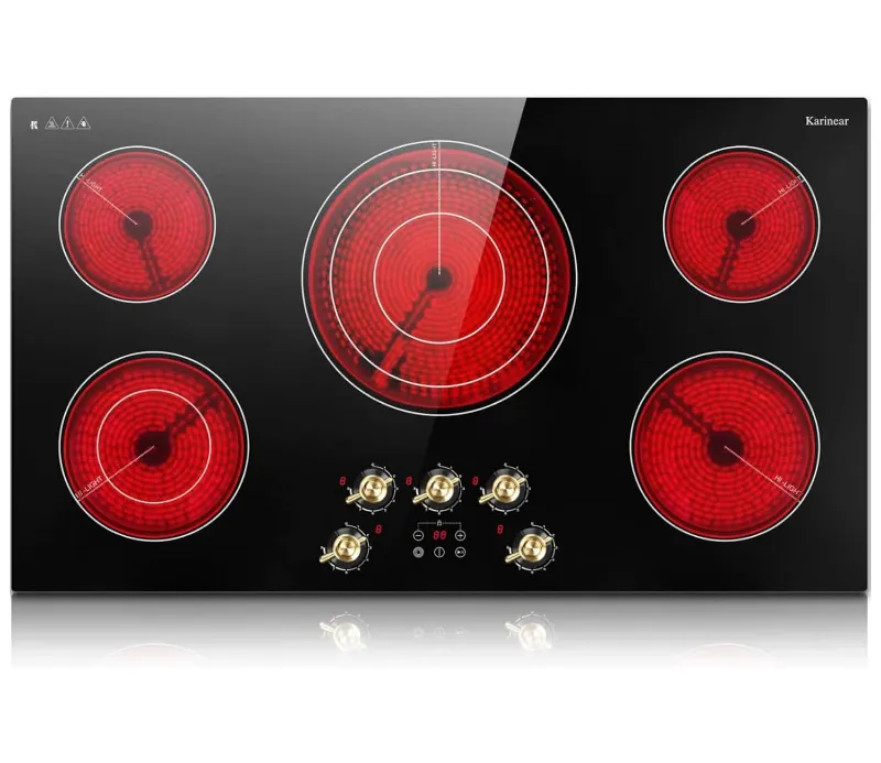 Karinear Appliances 36 Inch 5 Burner Electric Cooktop 9200W with Knob & Touch Control, black glass surface with knob and touch panel interfa