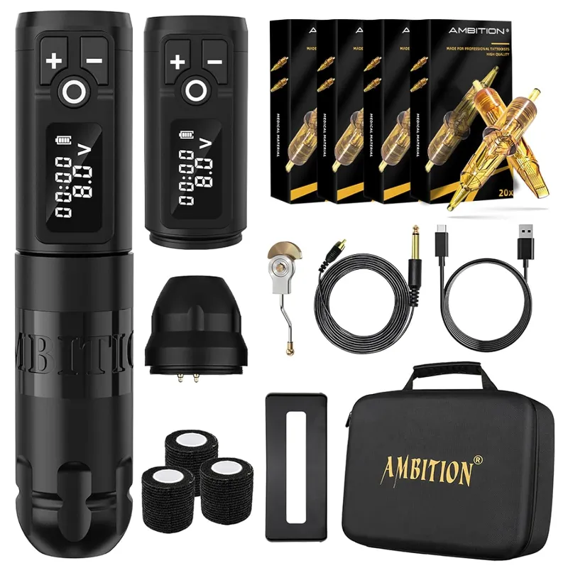 Ambition Tattoo Soldier Wireless Tattoo Machine Kit with aluminium alloy pen, battery grip, and cartridge needles