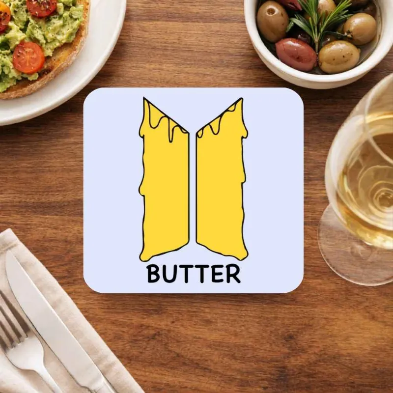 The Banyan Tee US BTS Coaster - Butter, wooden coaster with printed design