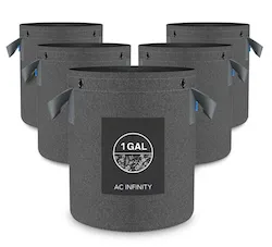 Mass Hydroponics AC INFINITY HEAVY DUTY REUSABLE FABRIC POTS, 1 GALLON, 5-PACK showing black fabric planters with handles