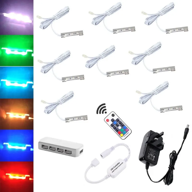 AIBOO Under Cabinet LED Lights for Glass Edge Shelf Back Side Clip Clamp Strip Lighting, 8 clip lamps on a glass shelf