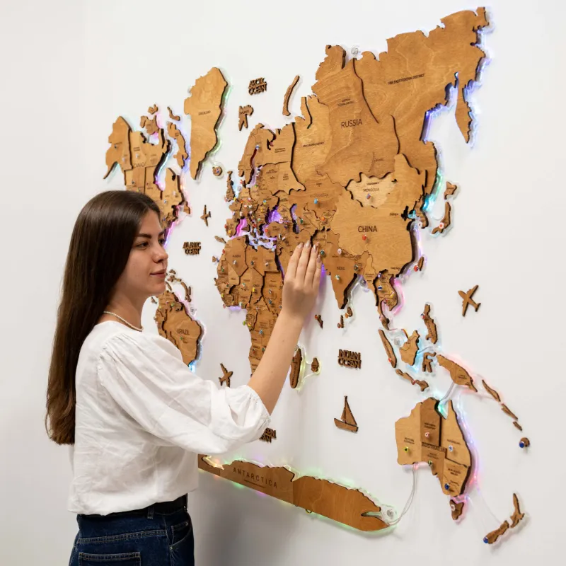 Enjoy The Wood 3D LED Wooden World Map 2.0 Oak with multi-layer design and acrylic LED base