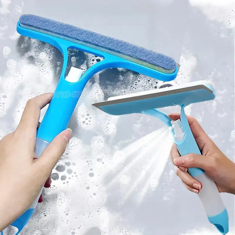 Kicklo 3-in-1 Hand-held Window Wipers with spray bottle and squeegee blade in blue