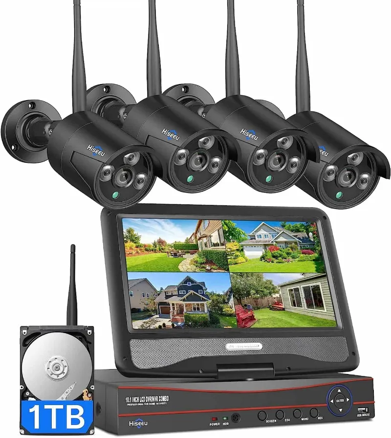 Hiseeu 5MP wireless security system with 10-inch monitor in black
