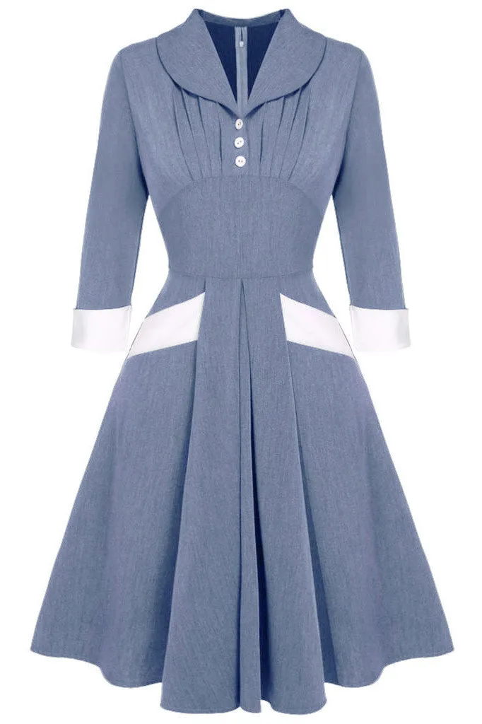 Mislish Blue V-Neck A-Line Midi Dress with zipper closure and tea-length hem