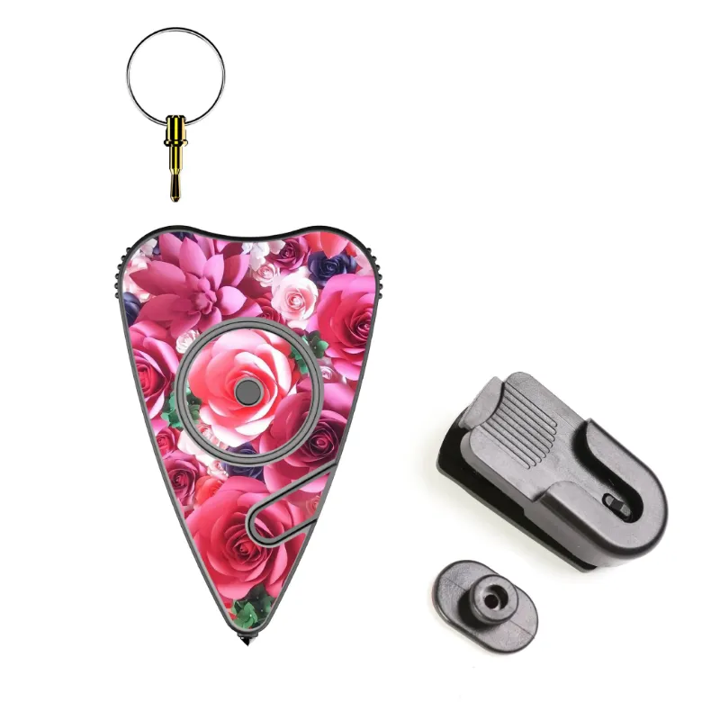 The Stinger Tools Stinger Stay Away Personal Safety Alarm keychain in pink rose with siren alarm, seatbelt cutter, and glass breaker