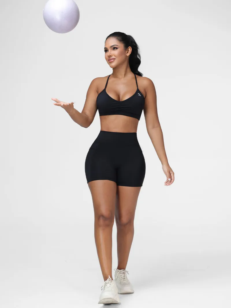 Zuluzenith Flattering High Waist Yoga Set with Strappy Back Bra & Shorts in black