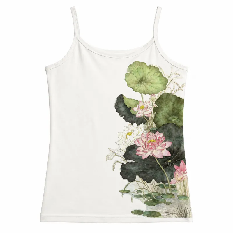 Cottagecore Clothes Ethereal Lotus Pond Watercolour Cami Top showing slim cami with pink lotus floral print
