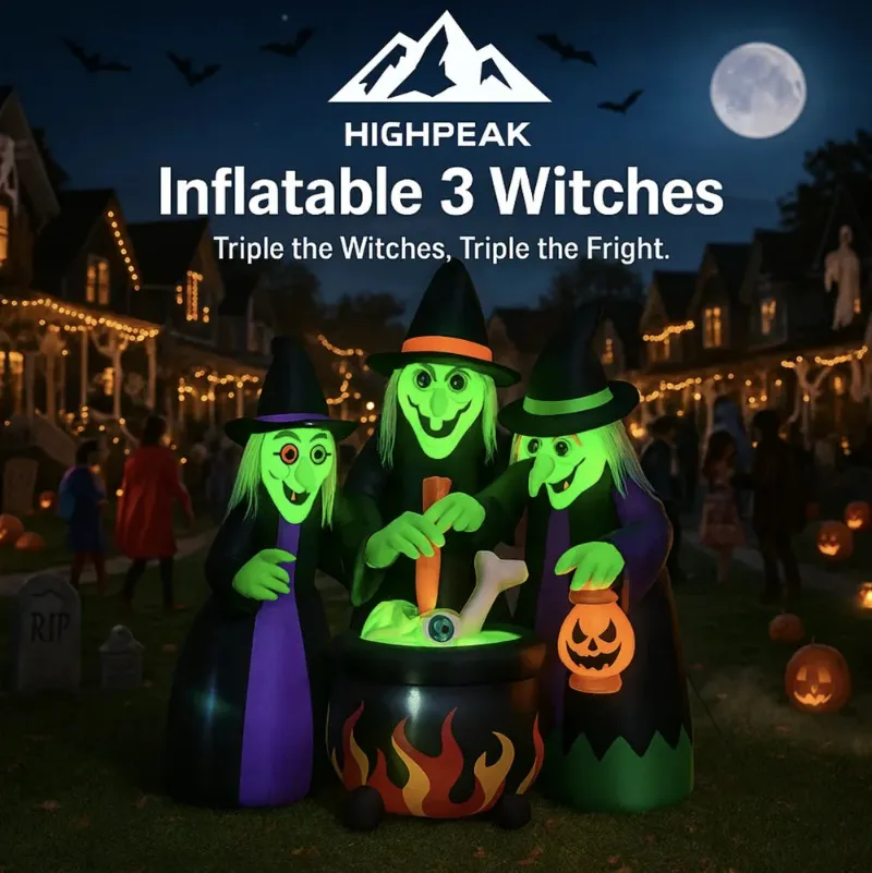 HighPeak 6ft Inflatable Three Witches Halloween yard decoration with glowing cauldron