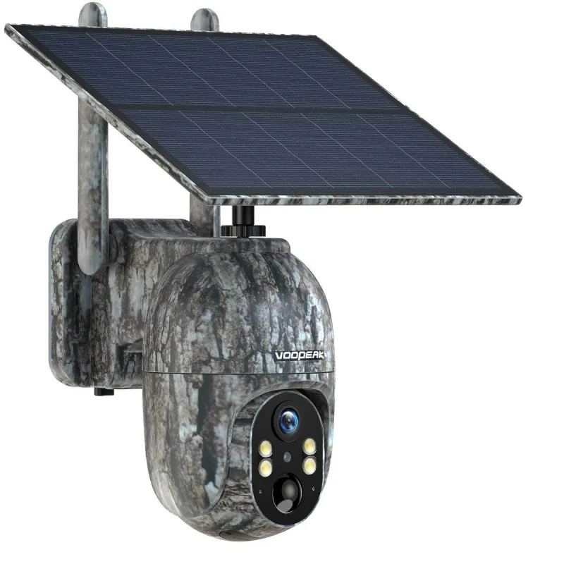 Voopeak TC27 360-degree cellular trail camera mounted on a tree trunk