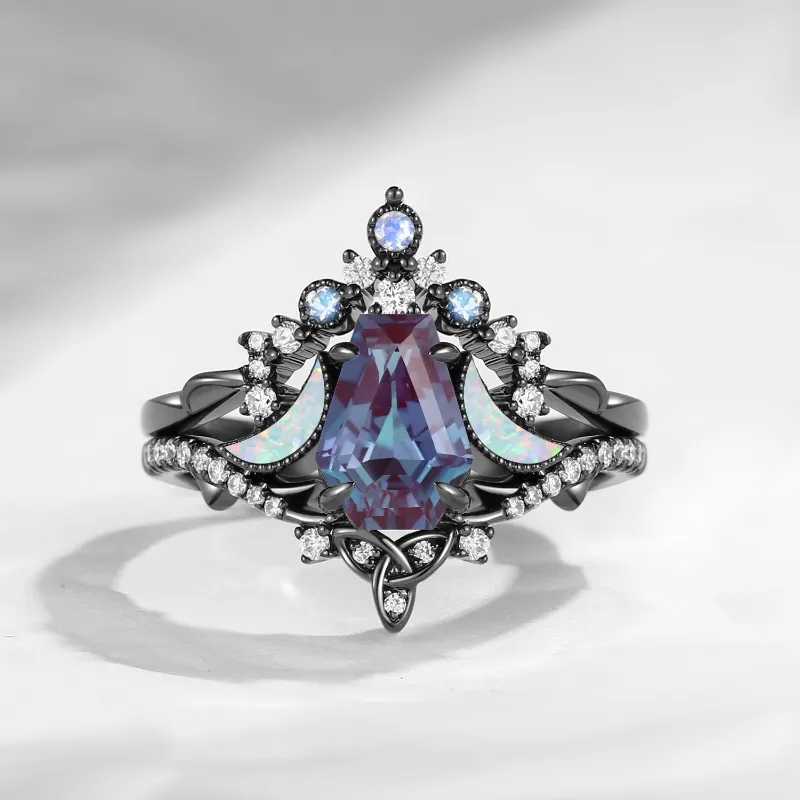 Starlandus Celestial Moon Gothic Coffin Cut Lab Alexandrite Celtic Moon Engagement Ring Set