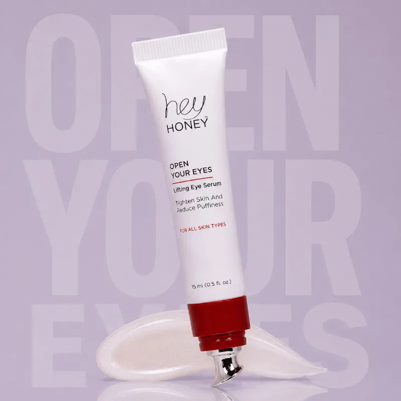 Hey Honey Open Your Eyes lifting eye serum bottle with honey extract and retinyl palmitate formula